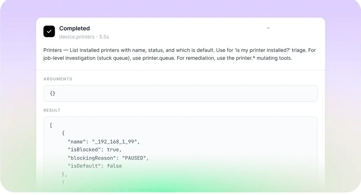 Screenshot: a completed device.printers tool call showing its arguments and result