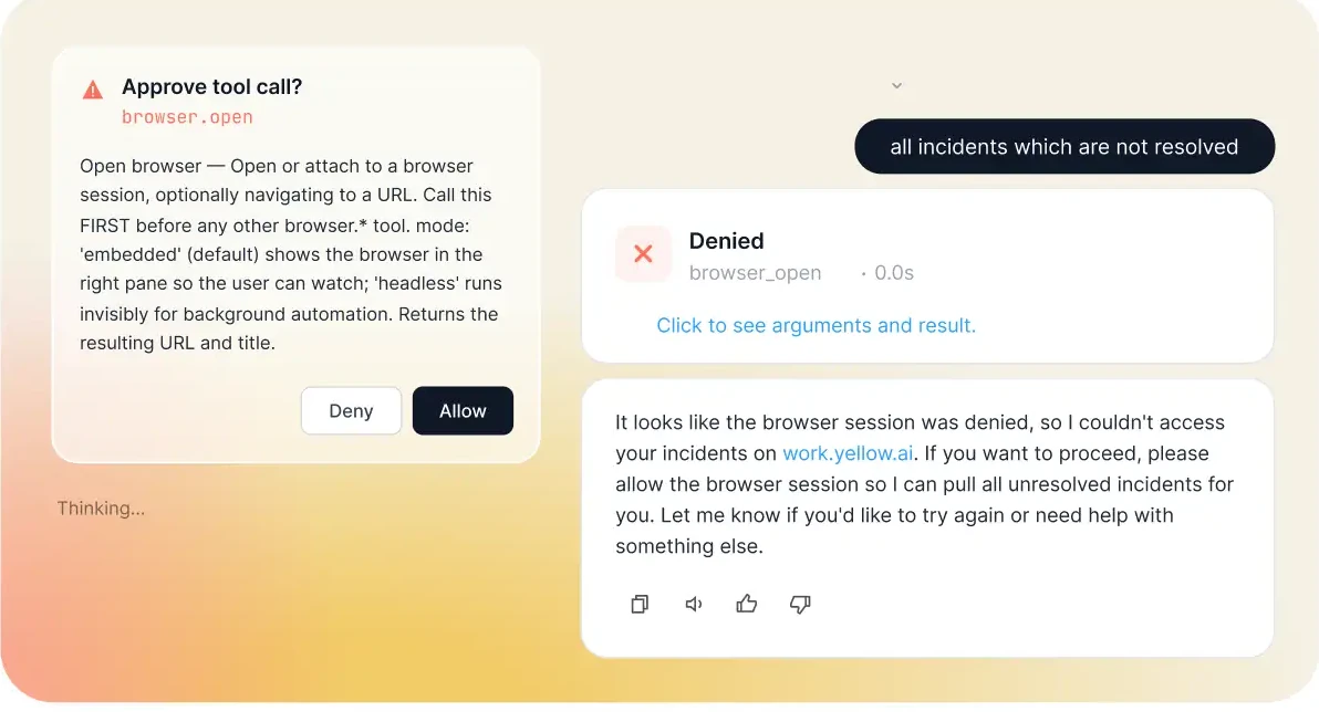 Screenshot: an approval prompt for a browser.open tool call, with Deny and Allow buttons