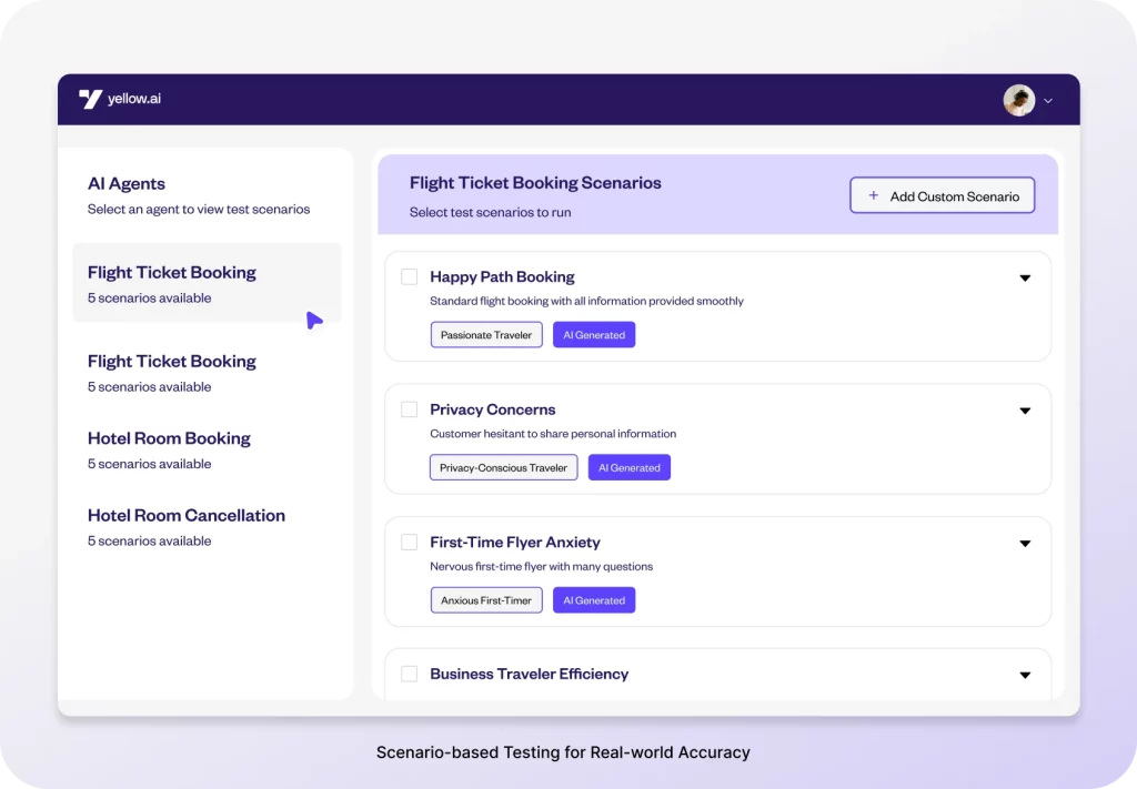 Scenario-based automated testing for real-world accuracy of AI agents for customer service - Yellow.ai