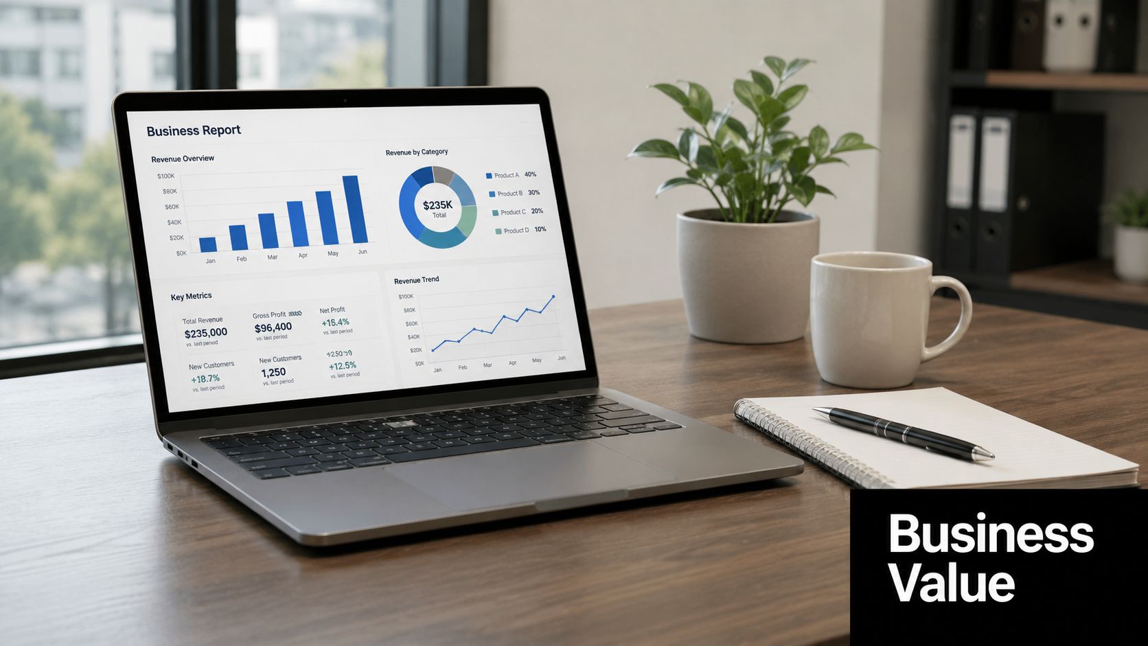 A sleek laptop showing a business dashboard with charts and data metrics on a wooden desk.