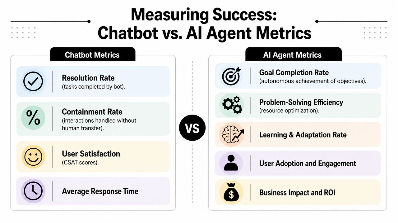 A comparison chart outlining key performance metrics for traditional chatbots versus advanced autonomous AI agents.