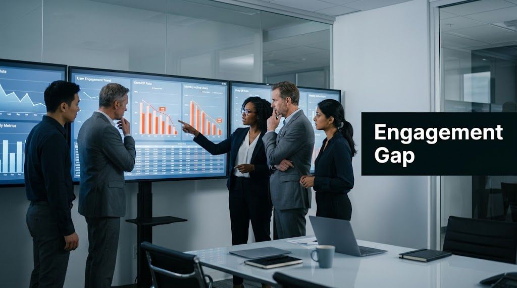 A professional business team in a modern office analyzing data charts on large screens during a meeting.