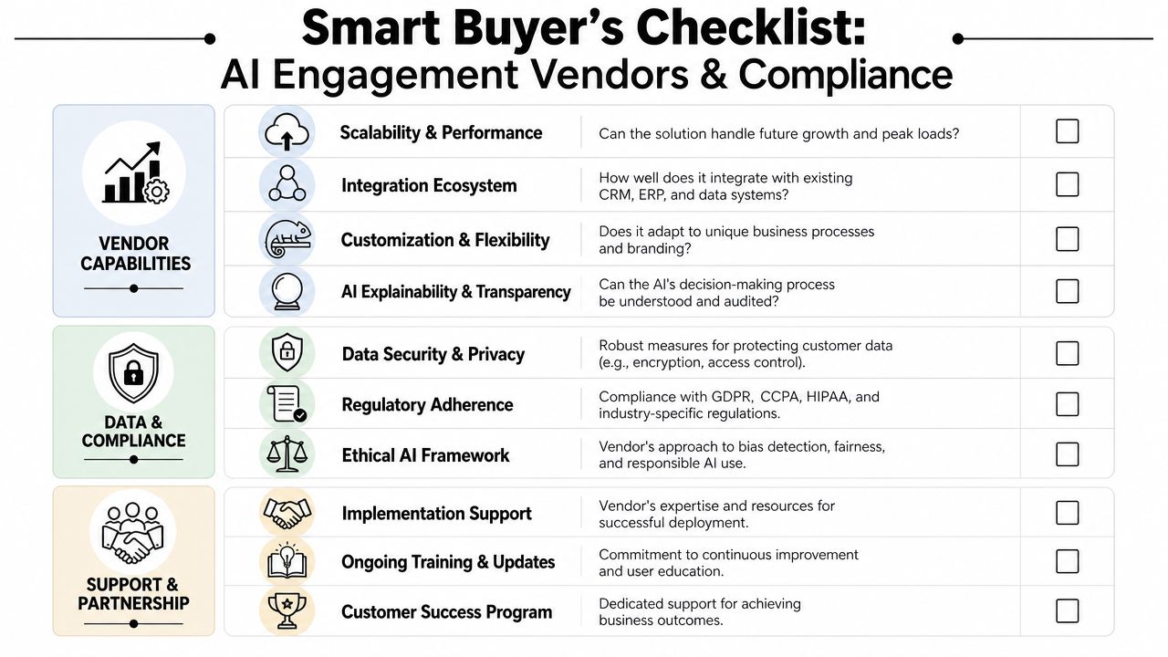 A checklist for businesses evaluating AI engagement vendors, covering capabilities, data compliance, and support partnership criteria.