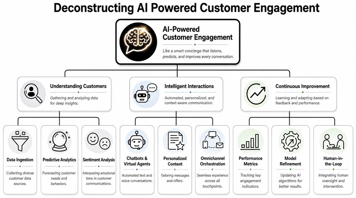 A diagram illustrating the components of AI-powered customer engagement, including data understanding, intelligent interactions, and continuous improvement.