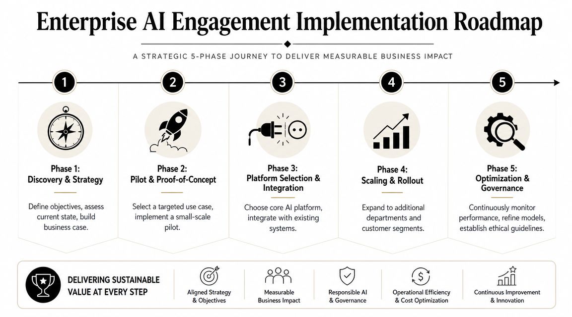 A five-phase infographic showing the strategic roadmap for implementing enterprise AI engagement for sustainable business impact.
