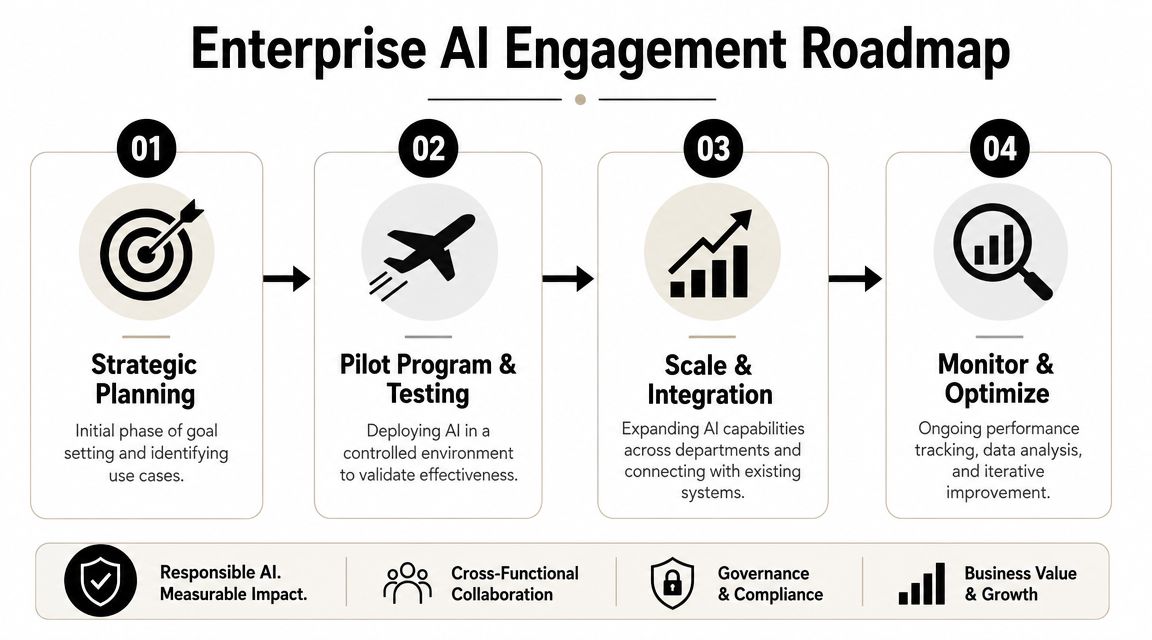 A four-step enterprise AI engagement roadmap infographic showing strategic planning, pilot testing, scaling, and ongoing optimization.