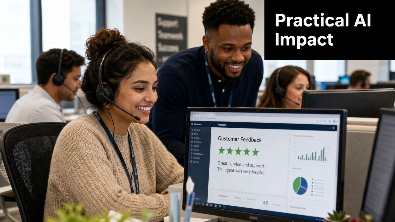 A diverse team collaborating in a modern office with AI-powered customer engagement software on their computer screen.