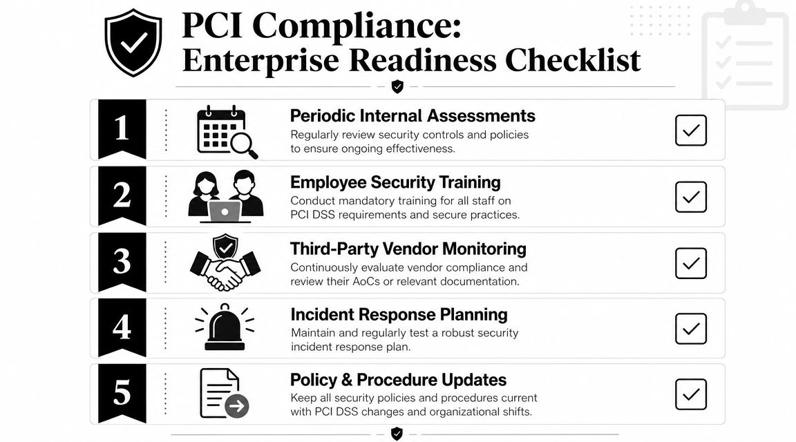 A checklist infographic detailing five essential steps for maintaining enterprise PCI DSS compliance for organizational security.