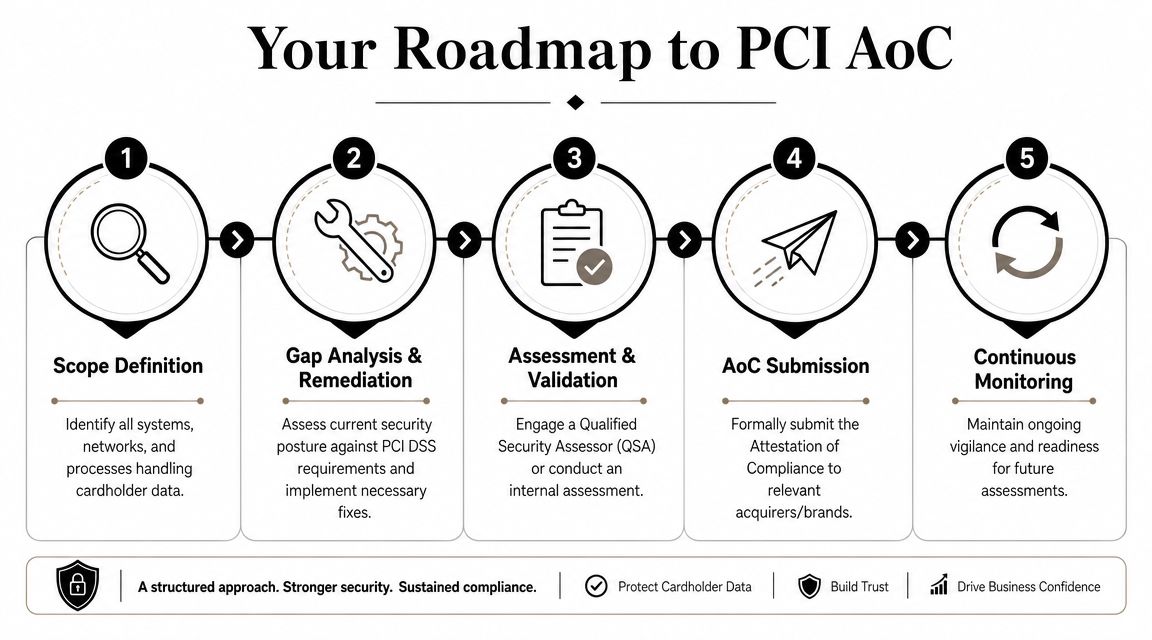 A five-step roadmap infographic outlining the process for obtaining PCI Attestation of Compliance for businesses.