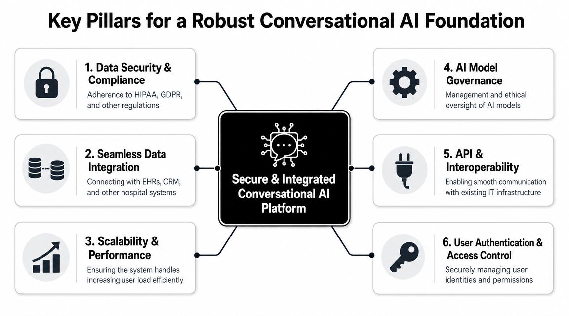 A diagram outlining the six key pillars for building a robust and secure conversational AI platform for healthcare.