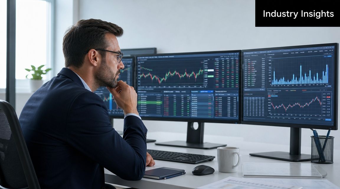 A professional financial analyst sitting at a desk with multiple monitors displaying complex stock market trading charts.