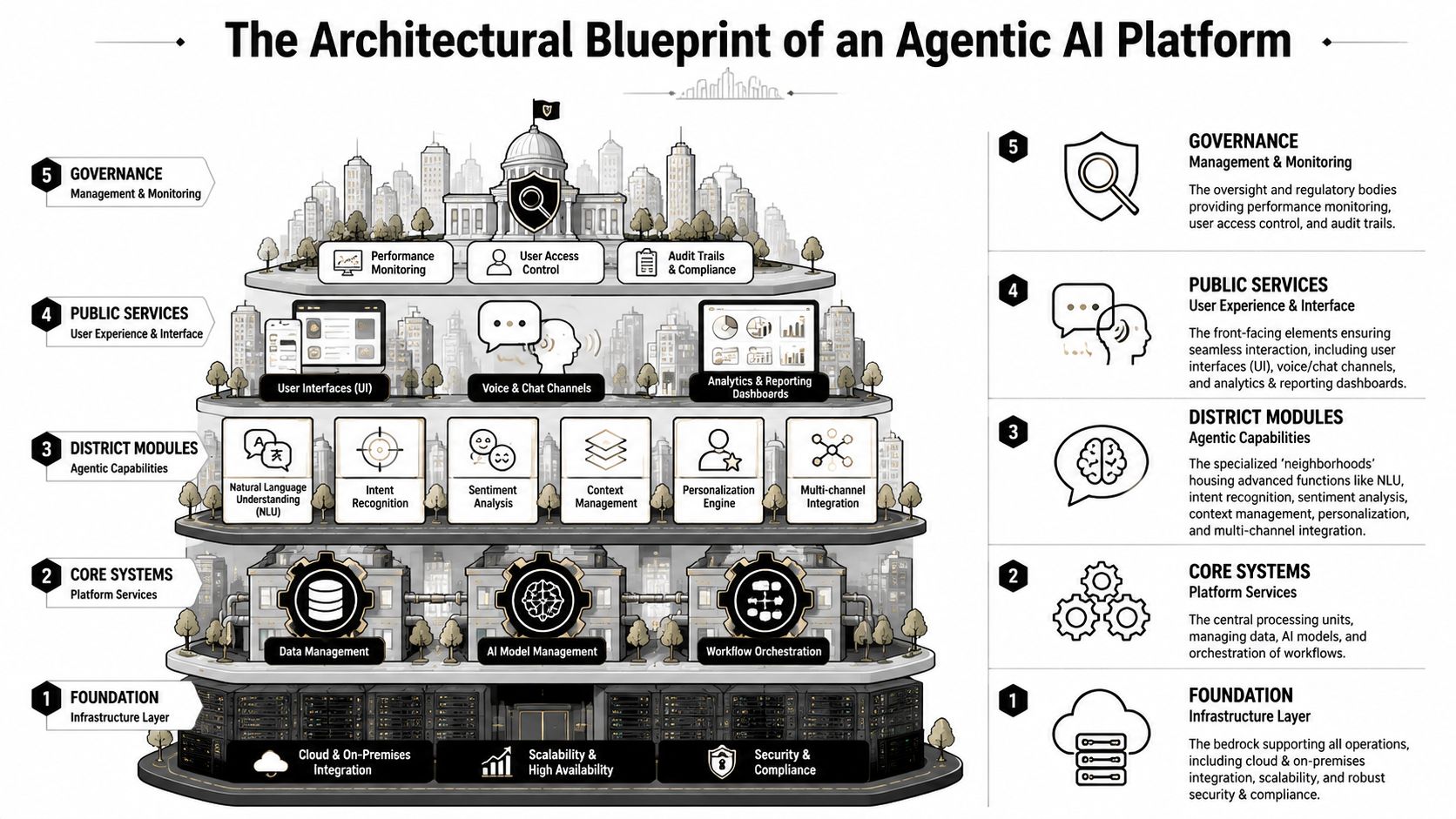 A diagram illustrating the five-layer architectural blueprint of an enterprise agentic AI platform and its core components.