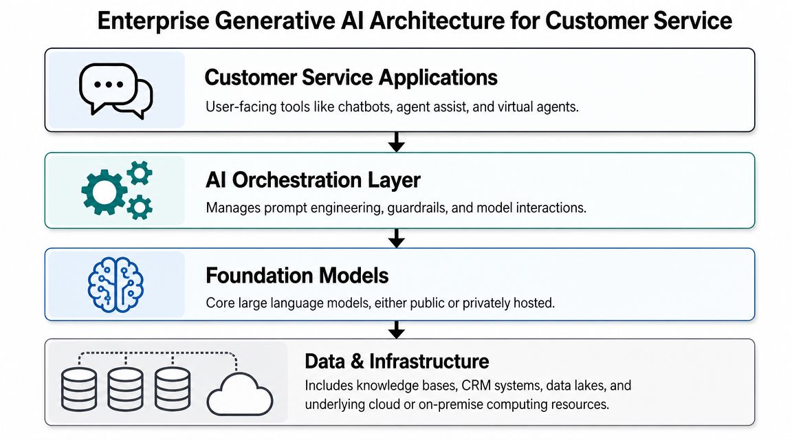 A diagram illustrating the four-layer architecture of enterprise generative AI for customer service applications.