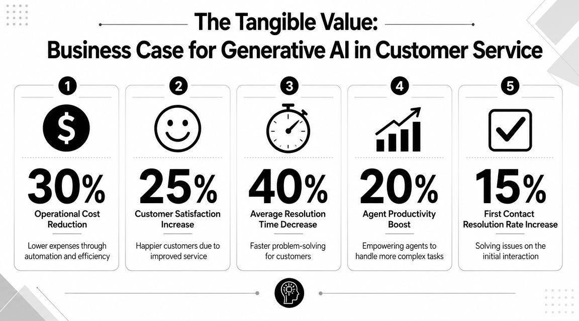 An infographic showing five key business benefits of using generative AI in customer service operations.