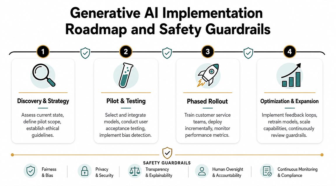 A four-step roadmap for implementing generative AI in customer service, highlighting safety guardrails and continuous monitoring.