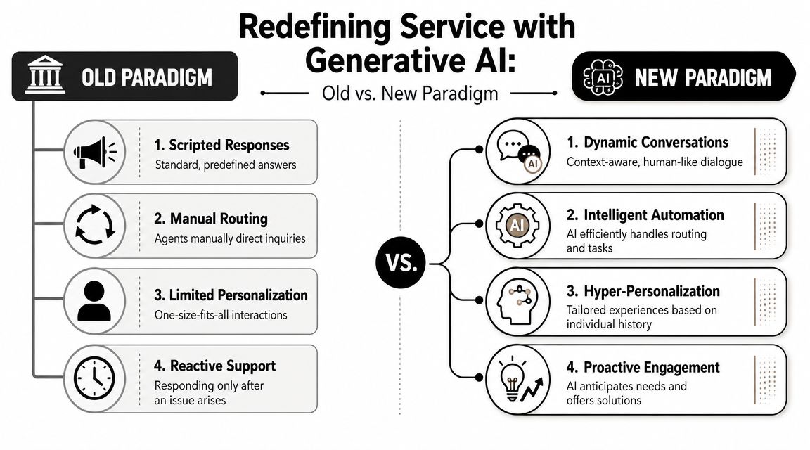 A comparison chart showing the evolution from traditional customer service to modern generative AI-driven service paradigms.