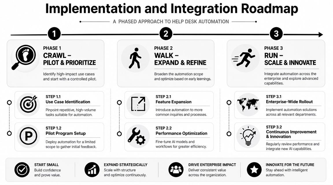 A phased implementation roadmap for help desk automation, covering crawl, walk, and run development stages.