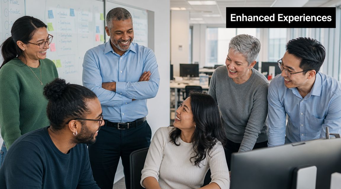 A diverse team of professionals collaborating and smiling while discussing projects in a modern office environment.