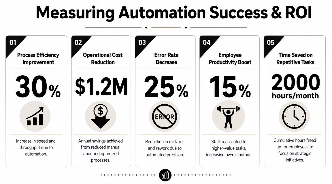 An infographic detailing five key metrics for measuring automation success and return on investment for businesses.