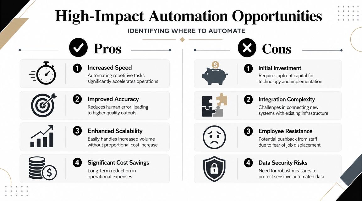 A comparison chart showing the pros and cons of implementing automation for business operations and efficiency.