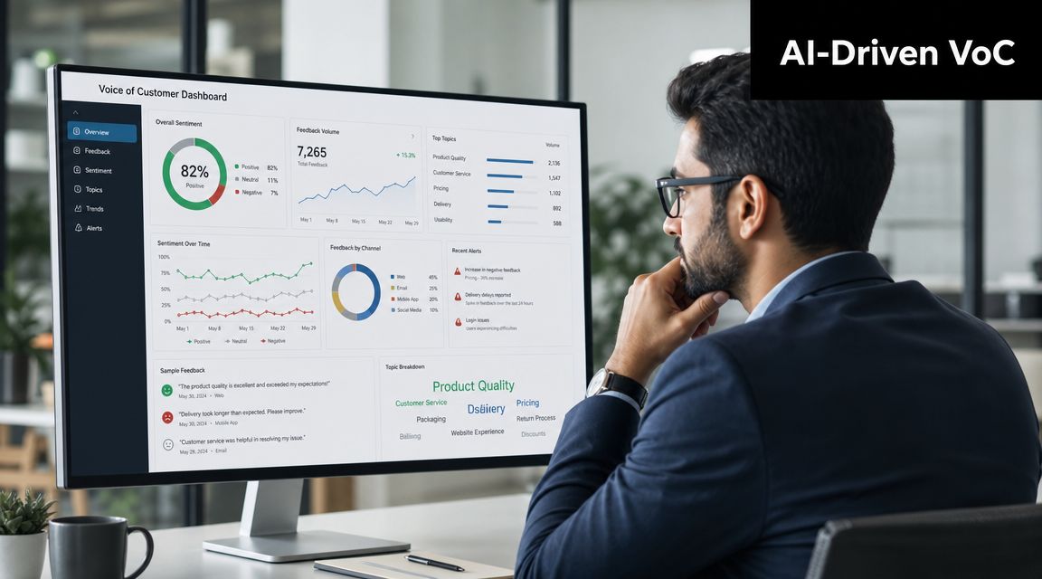 A professional man in a suit reviewing an AI-driven Voice of Customer dashboard on a large computer screen.
