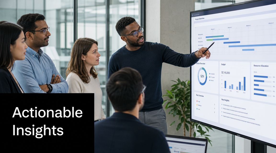 A professional team collaborating on a project overview dashboard presented on a large digital screen.