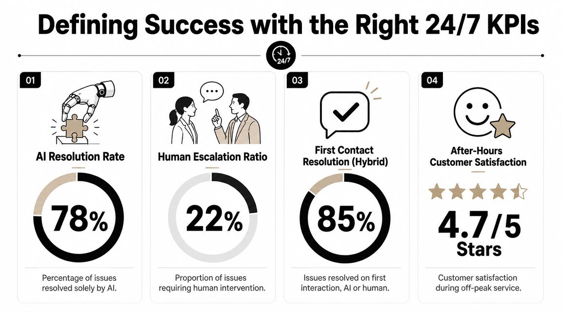 An infographic showing four key performance indicators for measuring 24/7 customer service success and resolution efficiency.