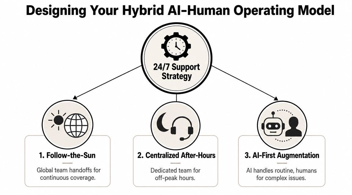 A diagram outlining three strategies for designing a 24/7 hybrid AI-human customer support operating model.