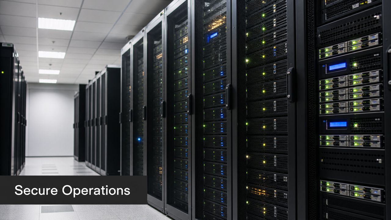 A row of black server racks in a modern data center with glowing LED indicator lights.