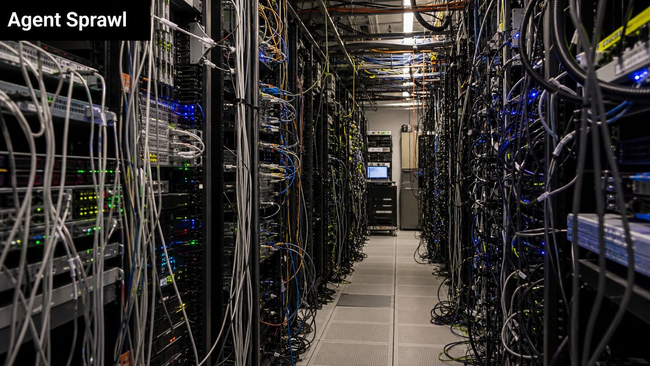 A long, dimly lit aisle within a server room filled with racks of equipment and tangled cables.