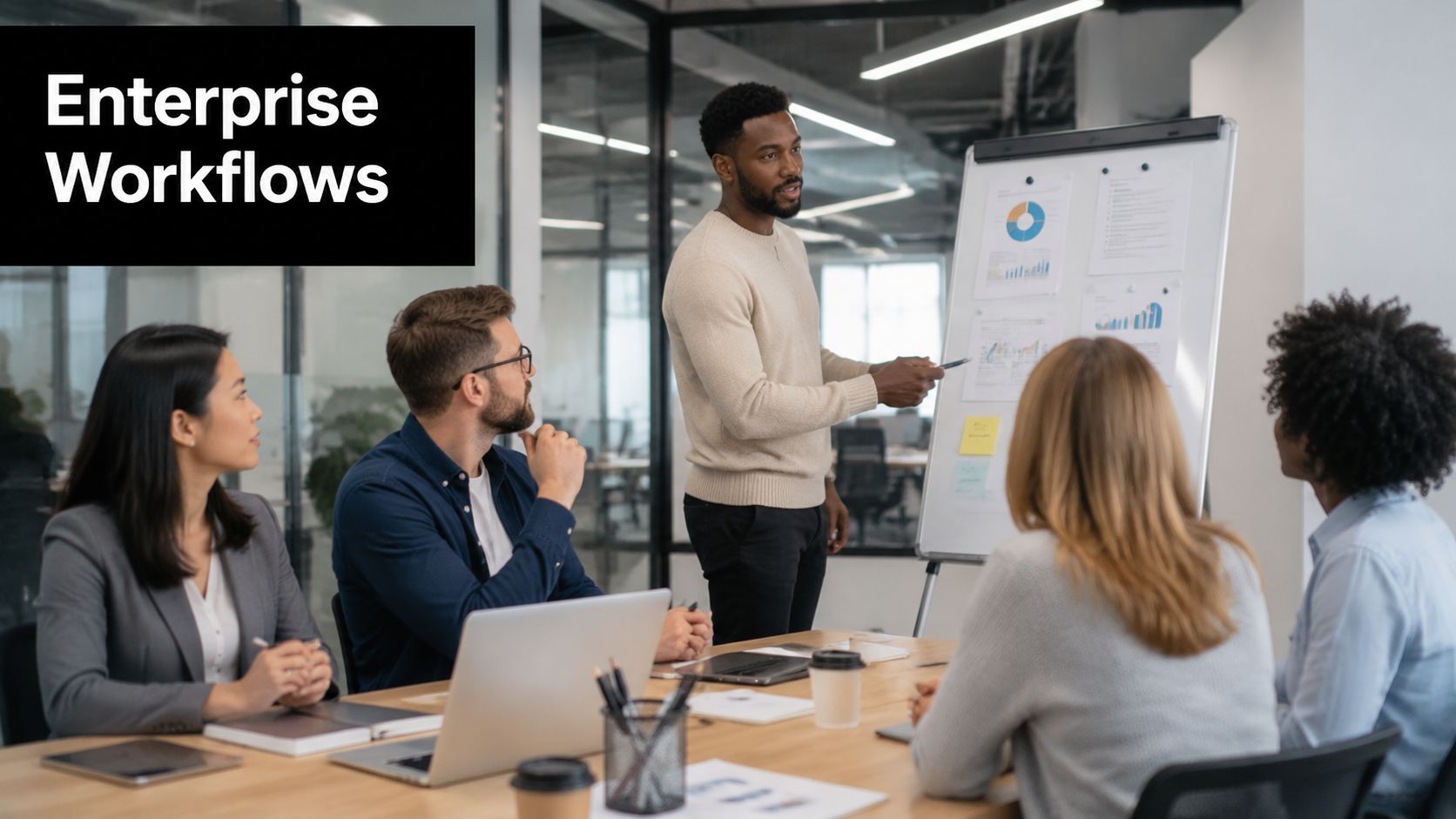 A professional team discussing business strategies while a man presents data on a whiteboard in a modern office.