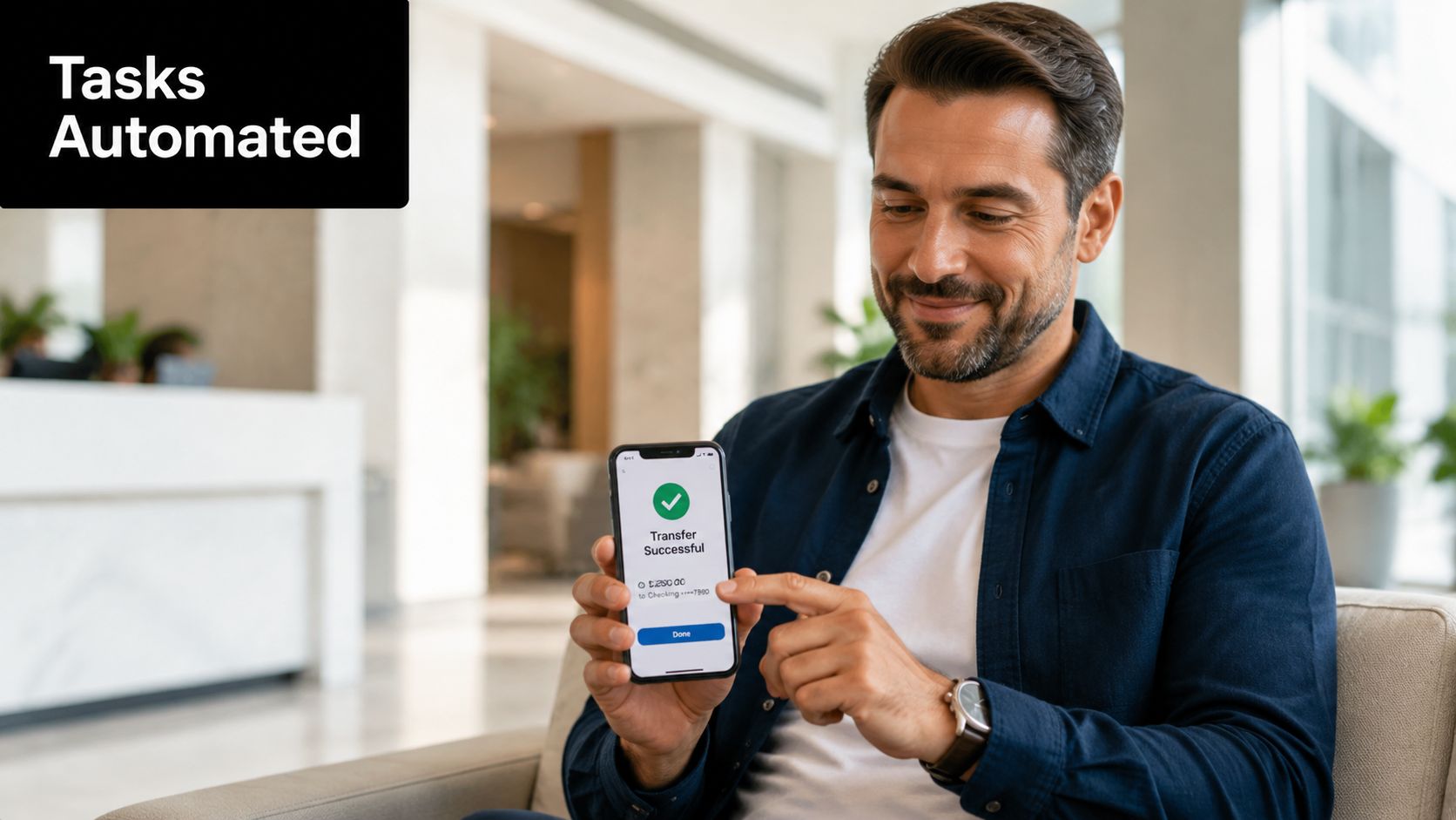 A smiling man sits in a lobby and points at a successful money transfer screen on his smartphone.