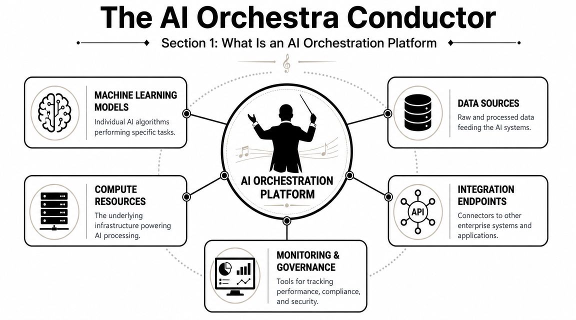 A diagram illustrating the components of an AI orchestration platform including models, compute, data, and monitoring.