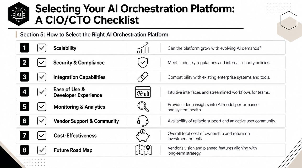 A checklist for CIOs and CTOs detailing eight key criteria for selecting an AI orchestration platform.