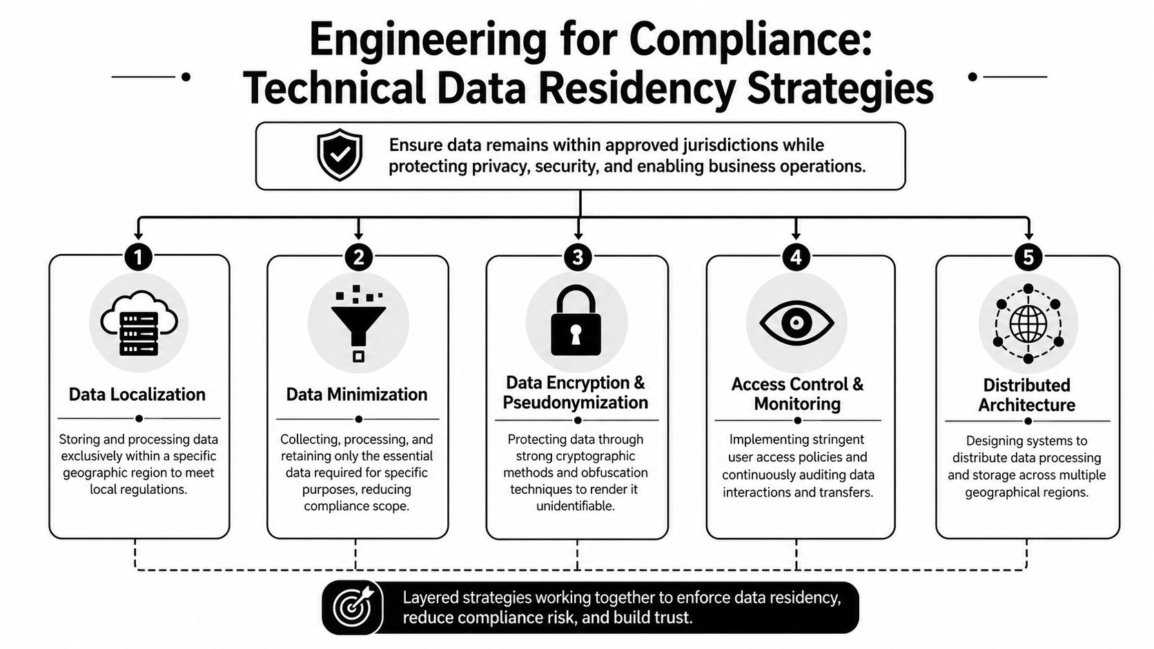 A diagram outlining five technical strategies for engineering compliant data residency and privacy in cloud systems.