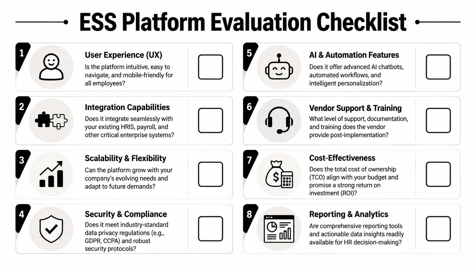 A checklist for evaluating employee self-service platforms featuring eight key criteria for business assessment.