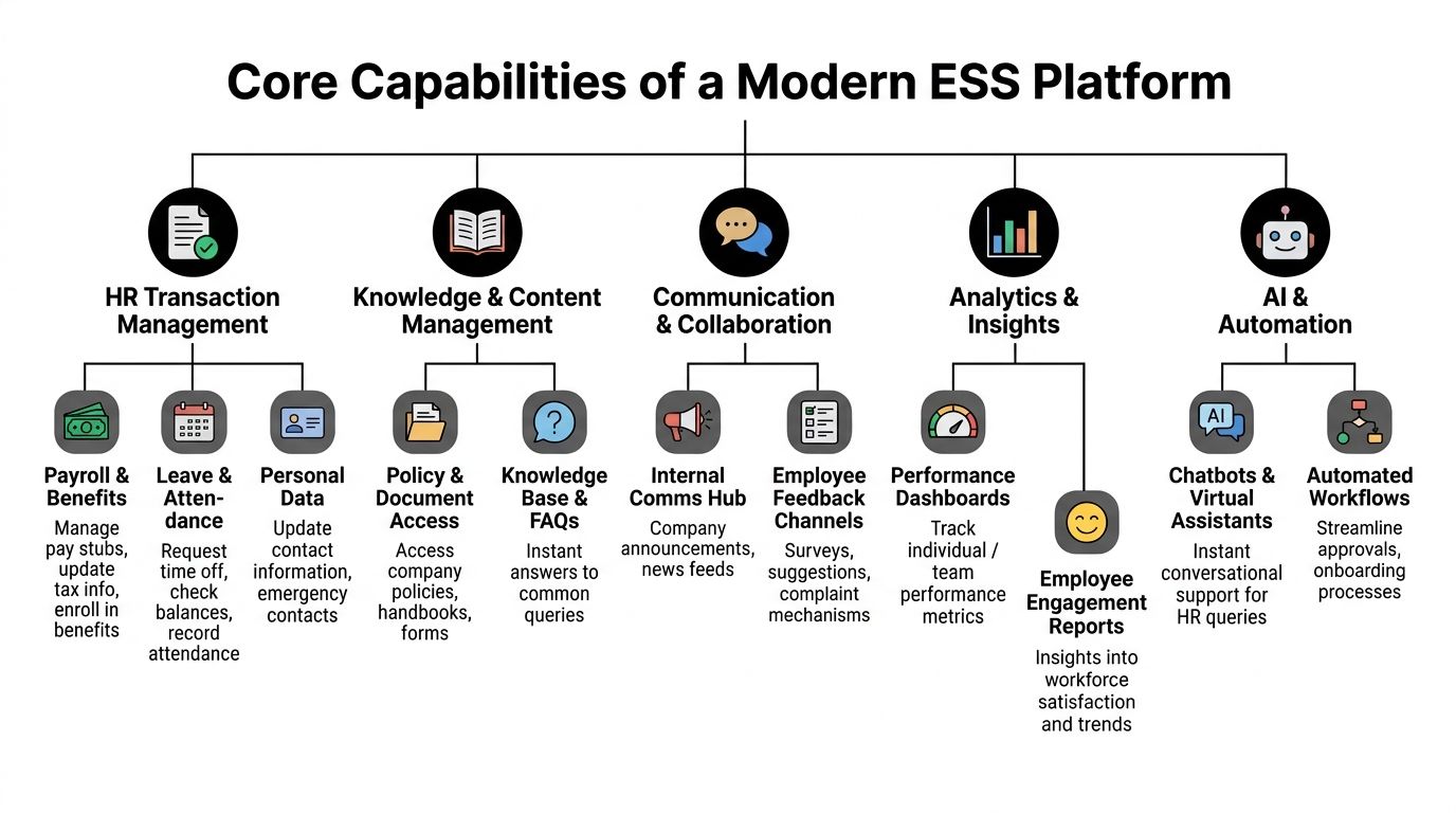 A diagram illustrating the core capabilities of a modern employee self-service platform, including HR transactions, analytics, and AI.