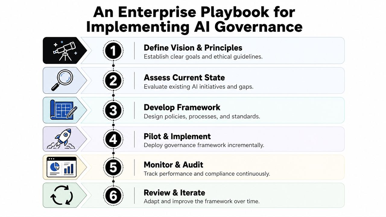 A six-step infographic detailing the enterprise playbook for implementing an AI governance strategy effectively.
