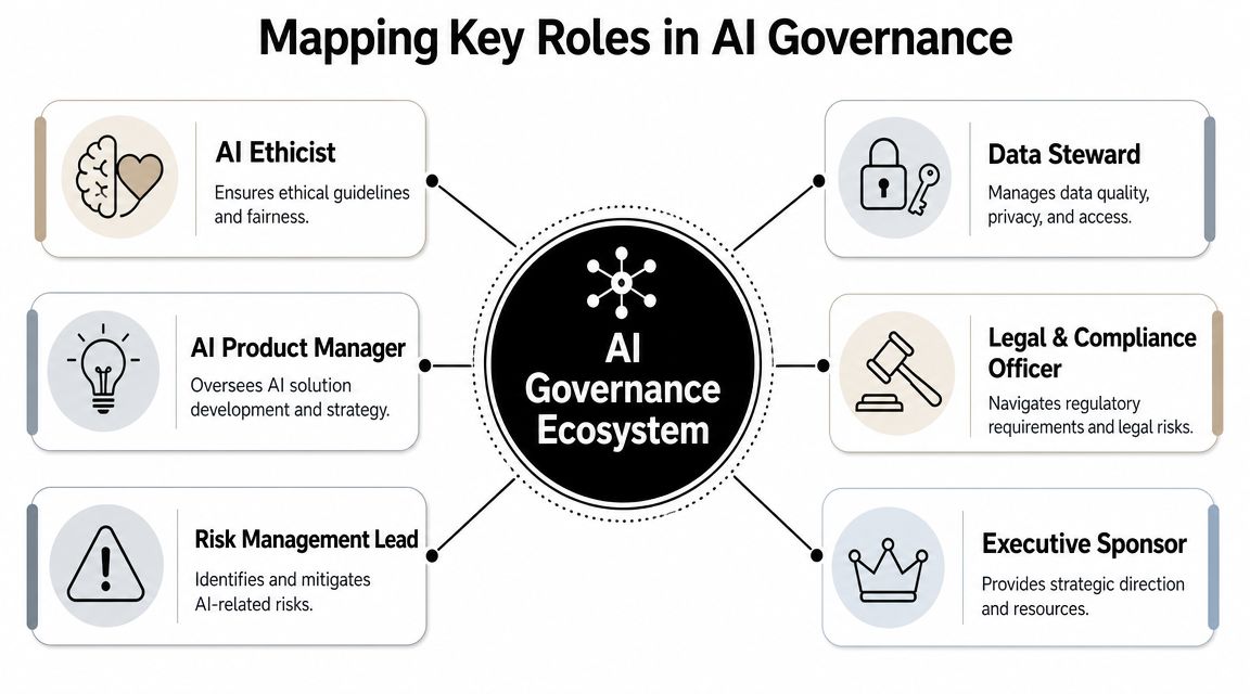 A diagram mapping the six key roles involved in an enterprise AI governance ecosystem.