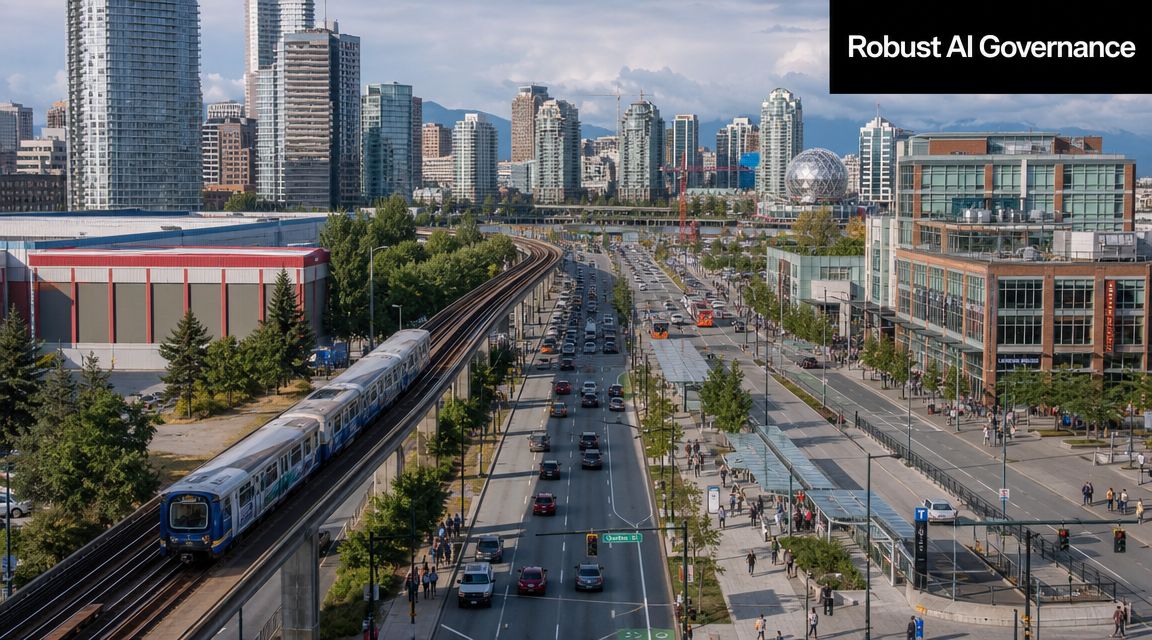 A modern cityscape showing a commuter train elevated above a busy urban road with city buildings.