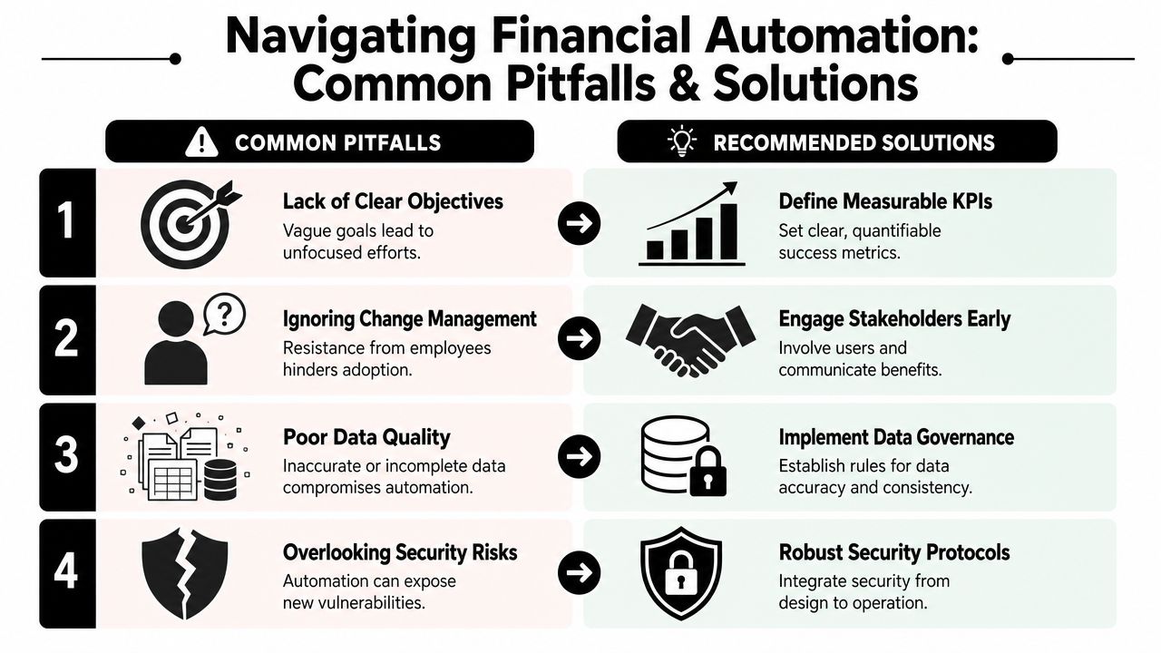 A chart showing four common pitfalls of financial automation and their corresponding recommended solutions.