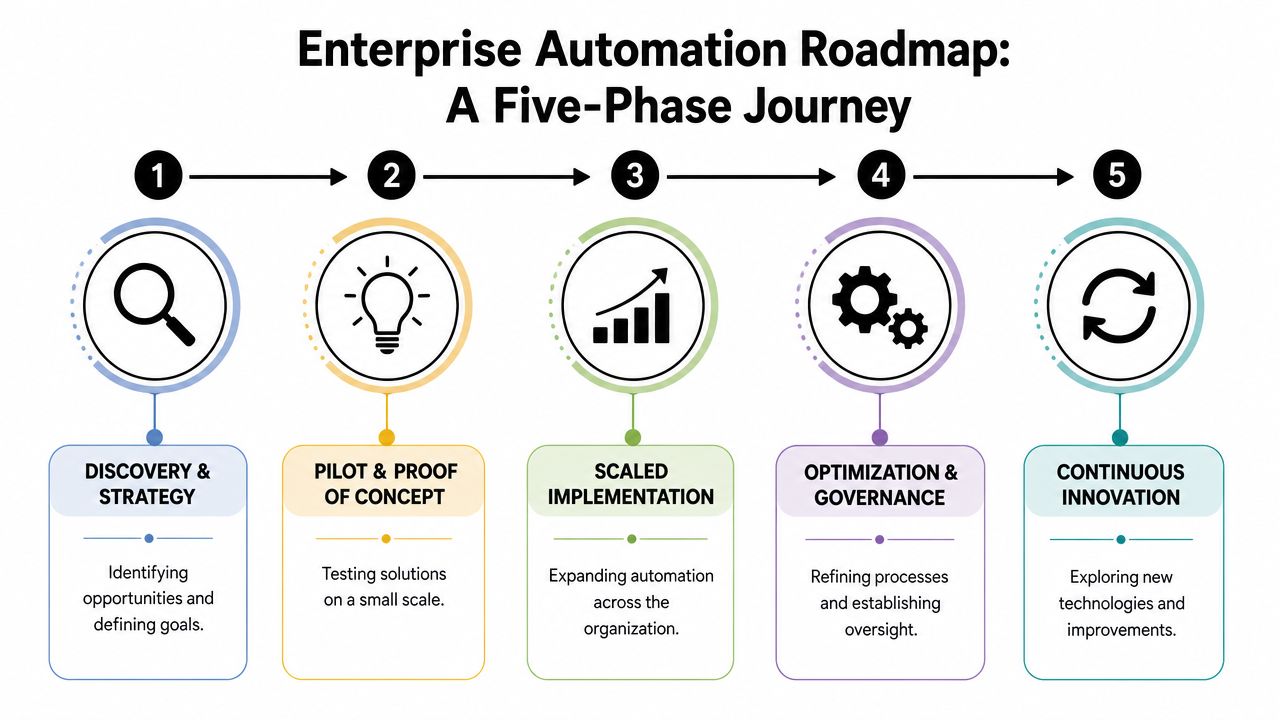 A five-phase enterprise automation roadmap diagram highlighting the strategic journey from discovery to continuous innovation.