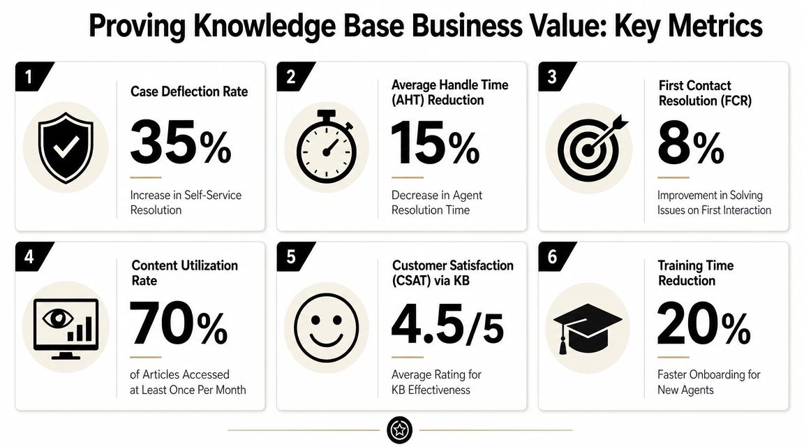 An infographic displaying six key metrics for proving the business value of a knowledge base system.