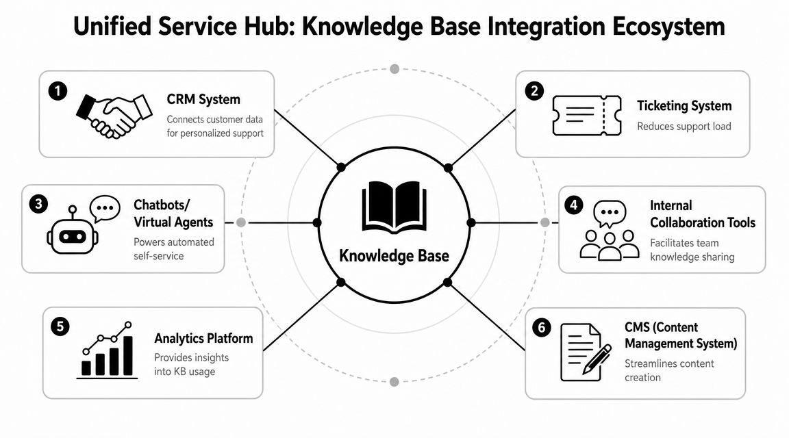 A diagram illustrating a unified service hub and how a knowledge base integrates with various business systems.