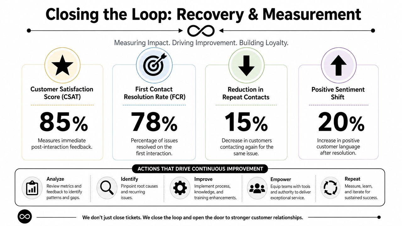 An infographic showing metrics and improvement actions for customer service and building stronger customer relationships.