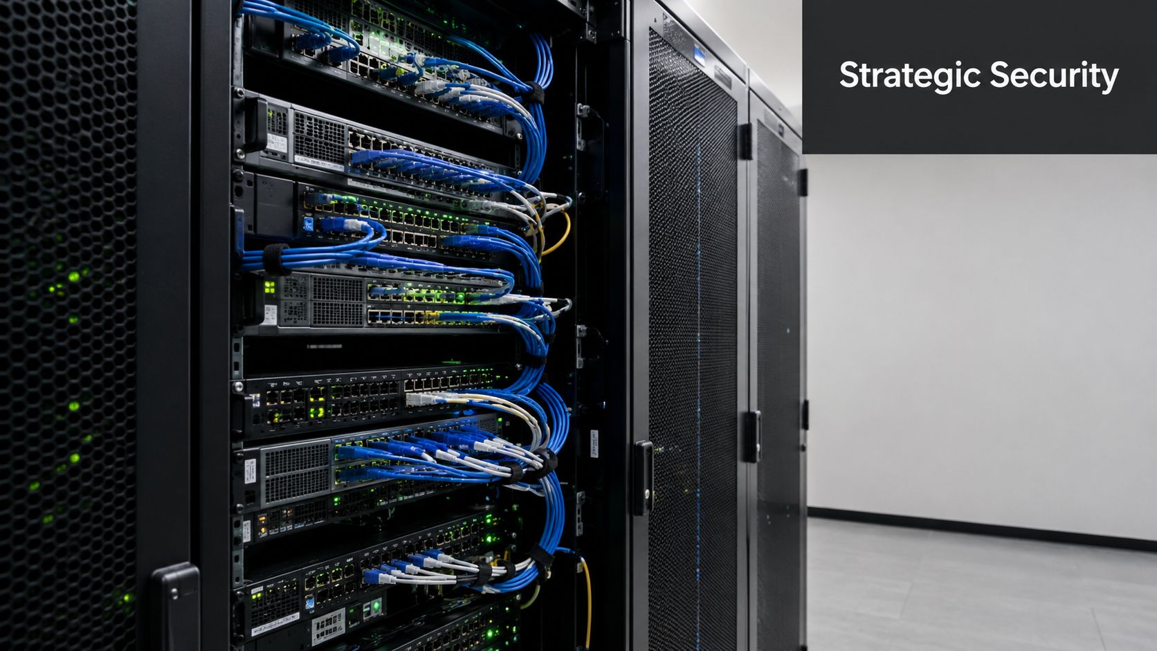 A close-up view of a high-tech server rack with organized blue ethernet cables and glowing green status lights.