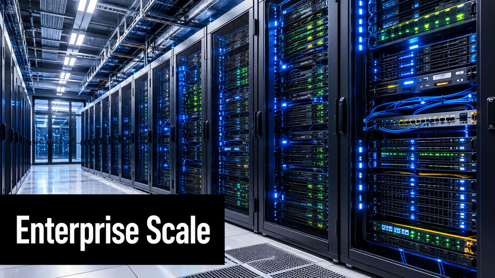 A modern data center featuring rows of server racks illuminated by glowing blue and green indicator lights.