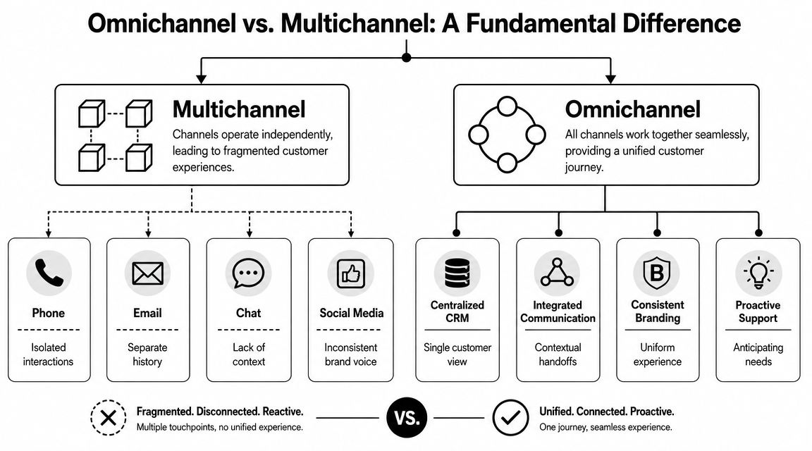 A comparison chart showing the differences between fragmented multichannel and unified, seamless omnichannel customer service strategies.