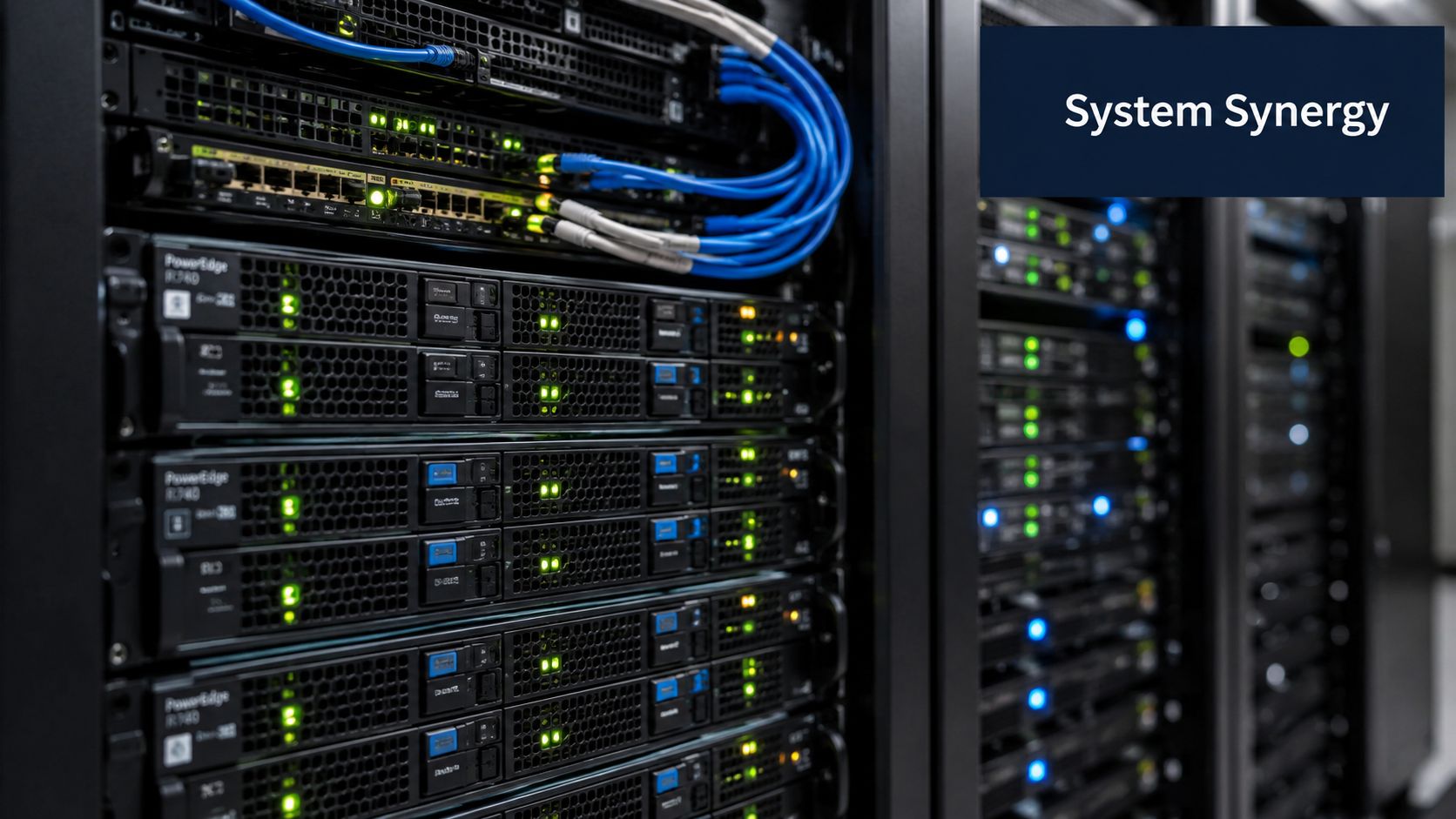 A data center server rack featuring blue cables, glowing green status lights, and Dell PowerEdge equipment.