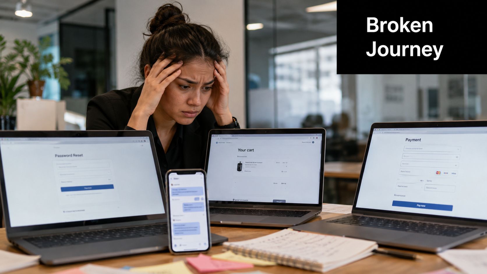 A stressed woman working on multiple laptops and a smartphone with frustrating online shopping tasks.
